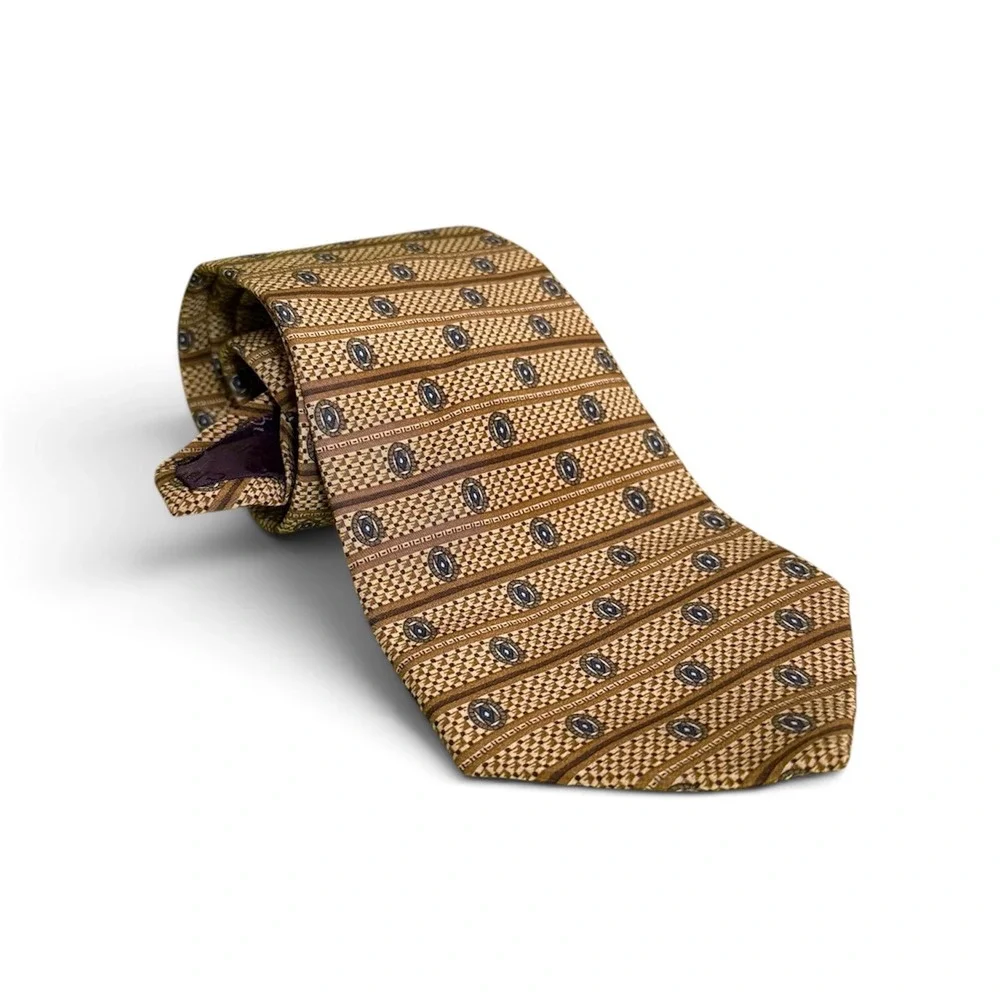 Claiborne Mens Silk Tie Gold Brown Geometric Medallion Striped Made in USA